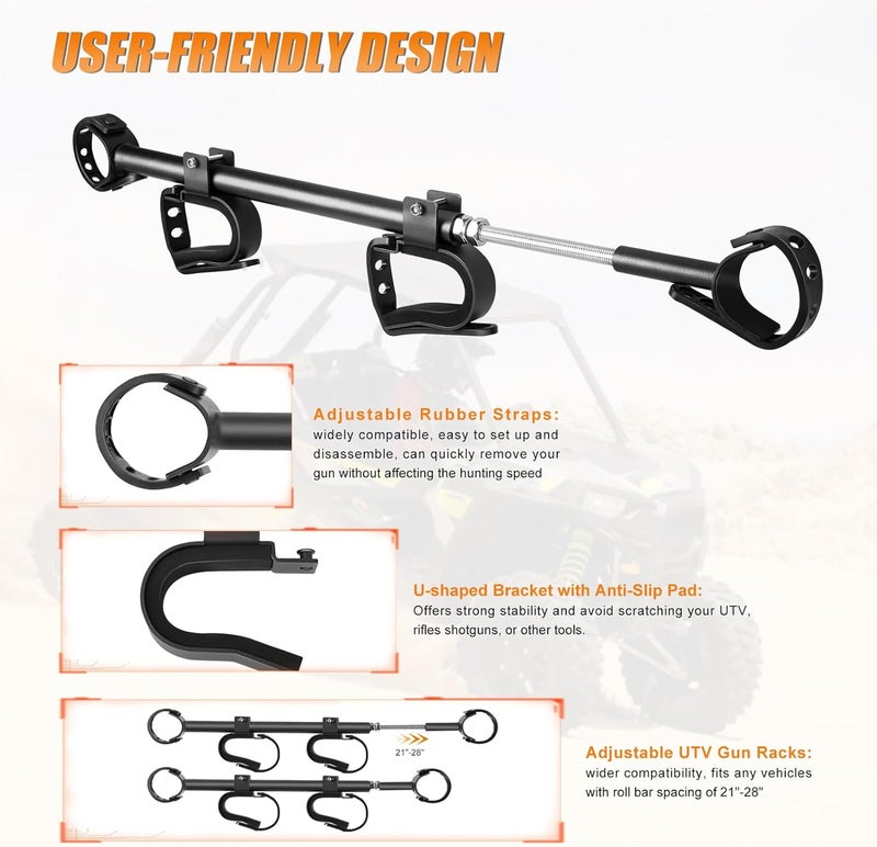 Drieaco Store UTV Overhead Gun Rack Fits 21-28" Spacing Roll Bars, Adjustable UTV Gun Holder Rifle Rack for Polaris Ranger Honda Pioneer Mule Uforce, Shovel Mount Bow Metal Holder Hunting Tool Roof Racks - Image 4
